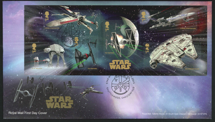 2015 - Star Wars Miniature Sheet First Day Cover, Shuttlewood, Chesterfield Postmark - Click Image to Close